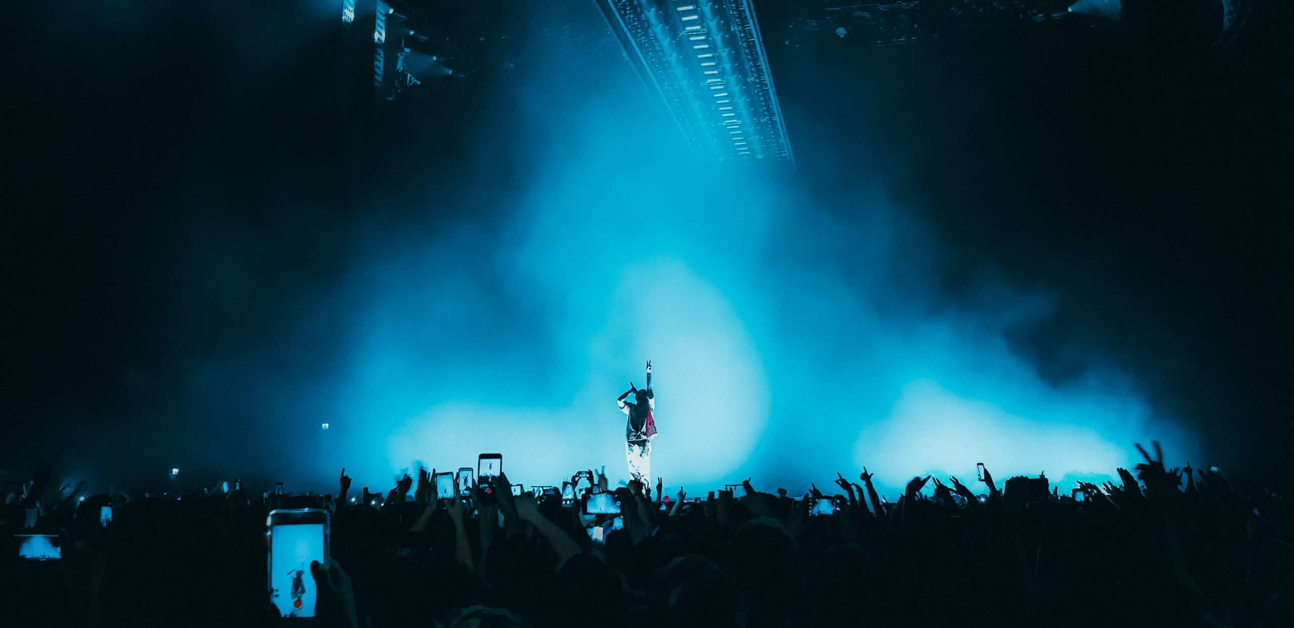 Performer stands one arm outstretched to the sky in the center surrounded by a sea of fans in silhouette.